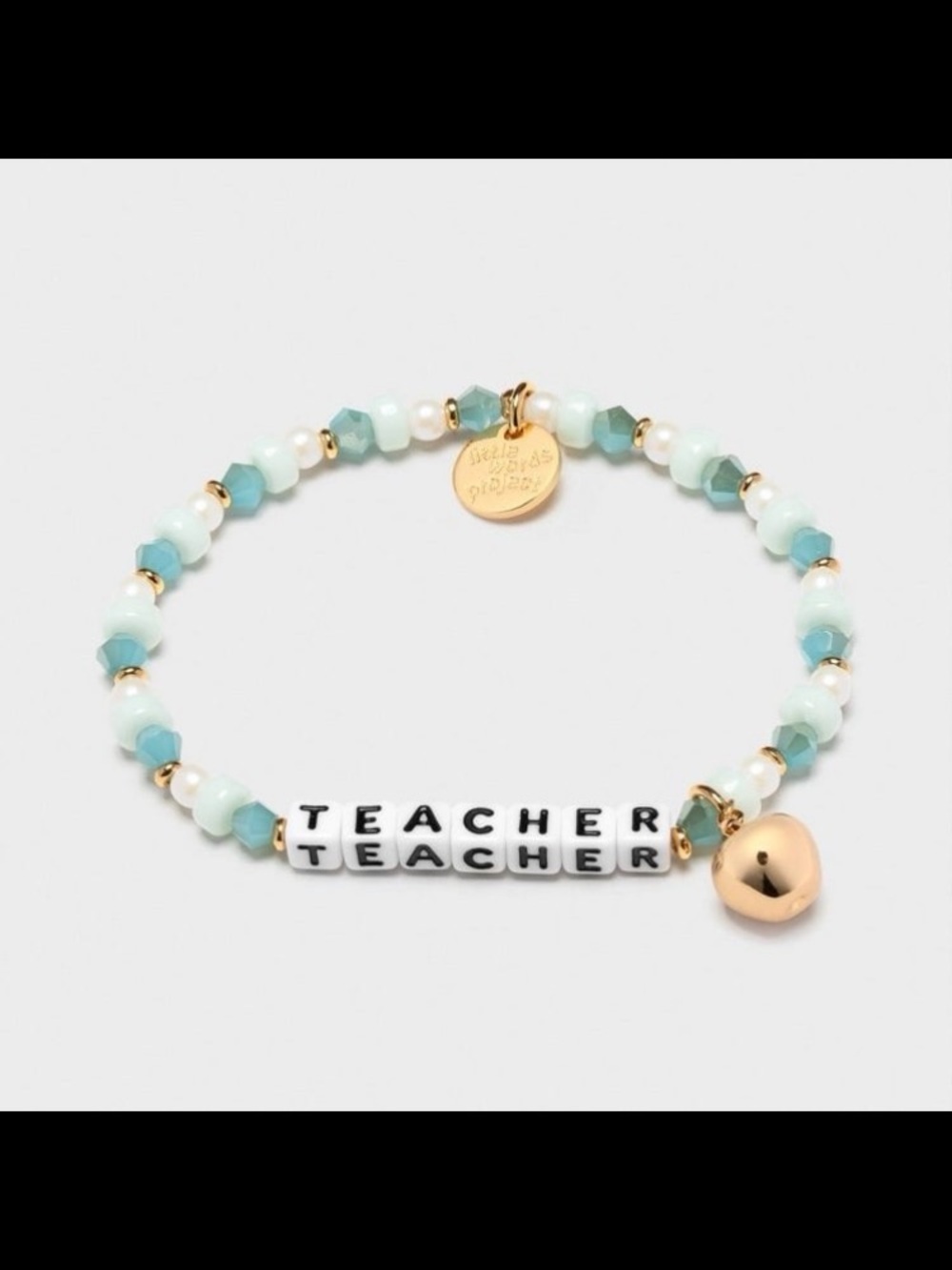 ‘Teacher’ Little Words Project Bracelet in Mint and White with Gold Charm
